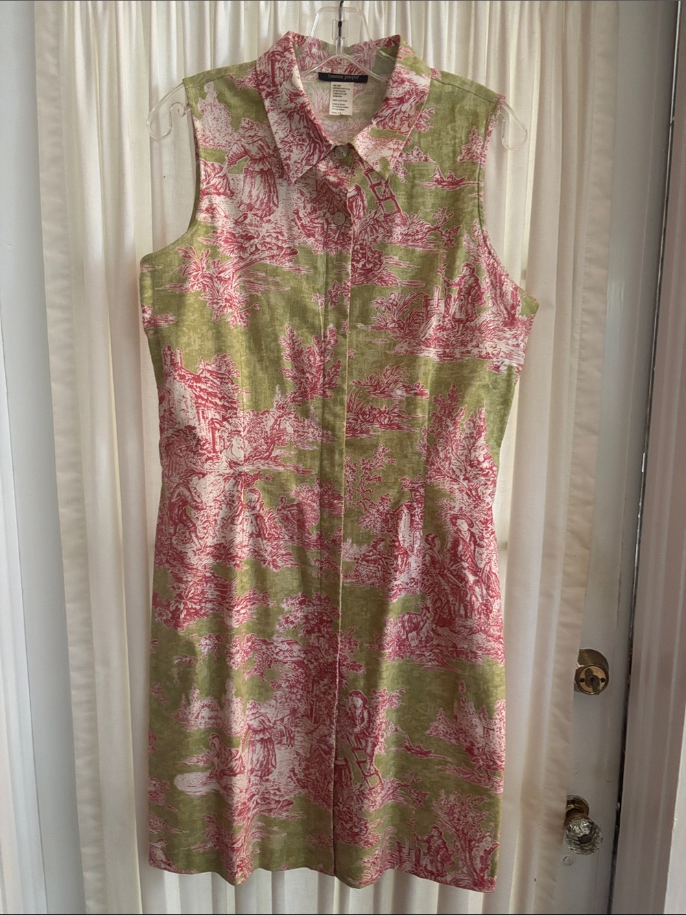 Boston Proper Sleeveless Collared Midi Dress in Green and Pink Toile
